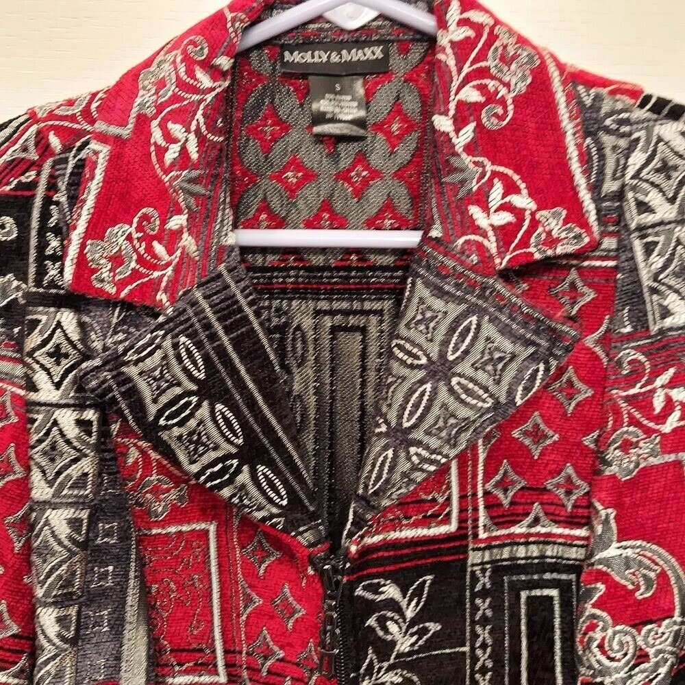 Molly & Maxx Womens Blazer Small Brocade Tapestry Zip Front‎ Red Black